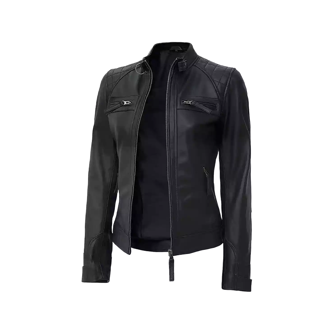 Women Black Quilted Cafe Racer Leather Jacket