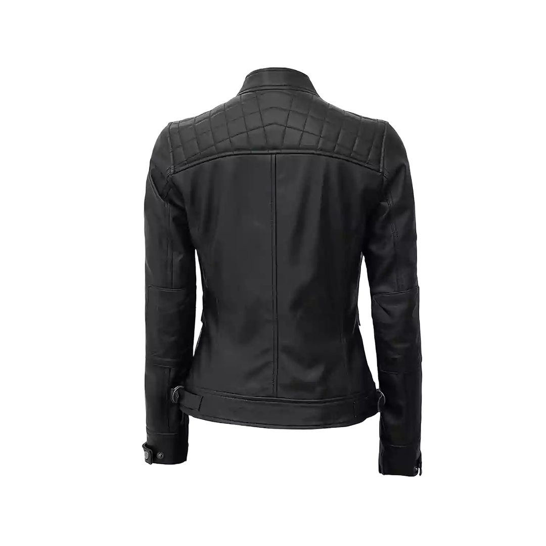 Women Black Quilted Cafe Racer Leather Jacket