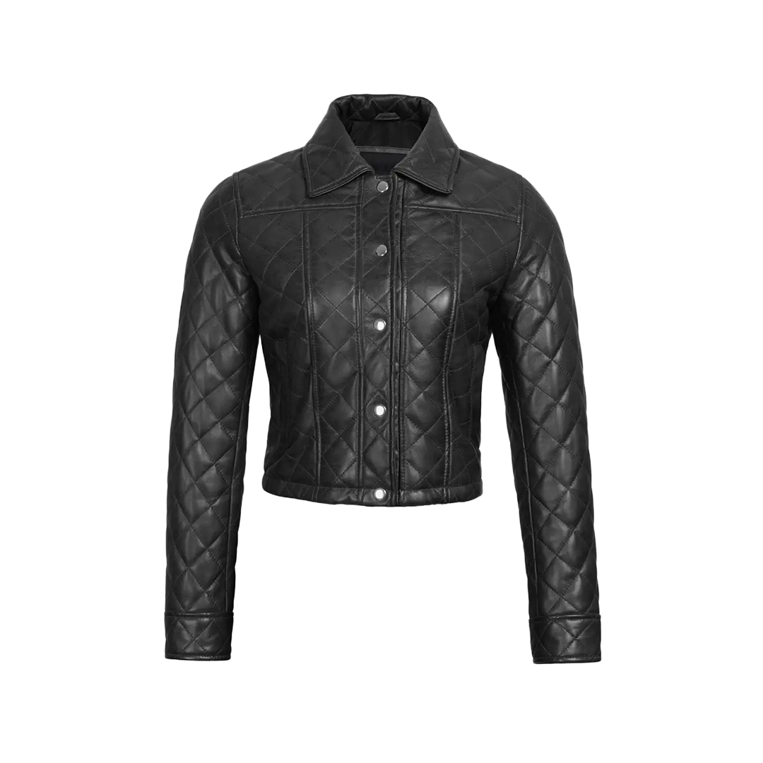 Women's Black Quilted Cropped Leather Jacket