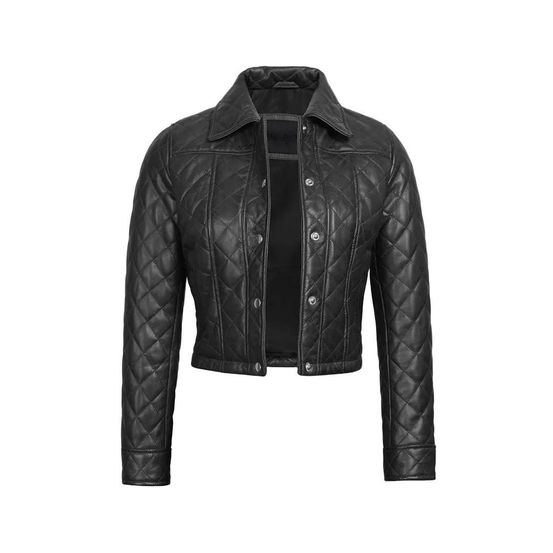Women's Black Quilted Cropped Leather Jacket