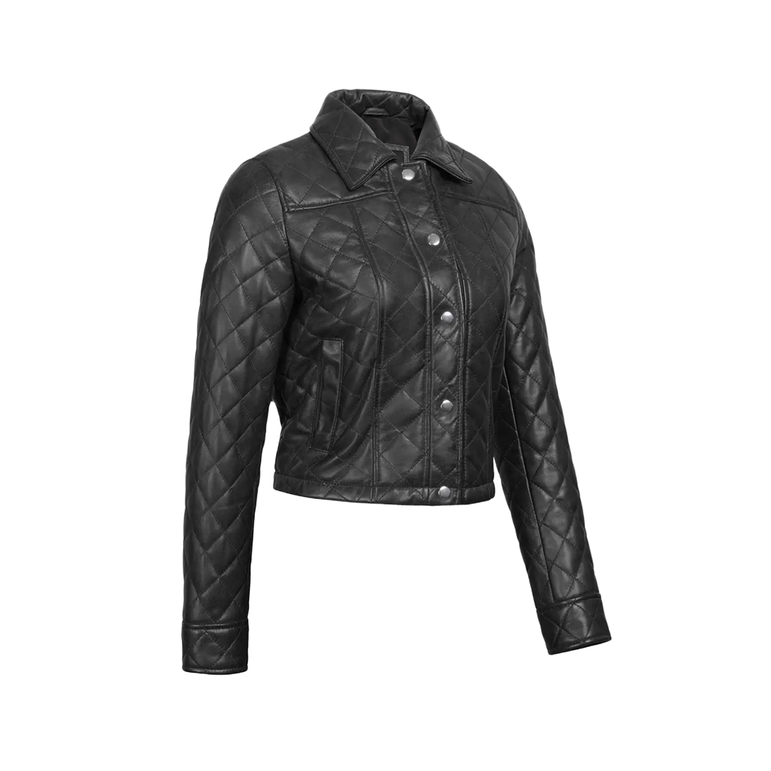 Women's Black Quilted Cropped Leather Jacket
