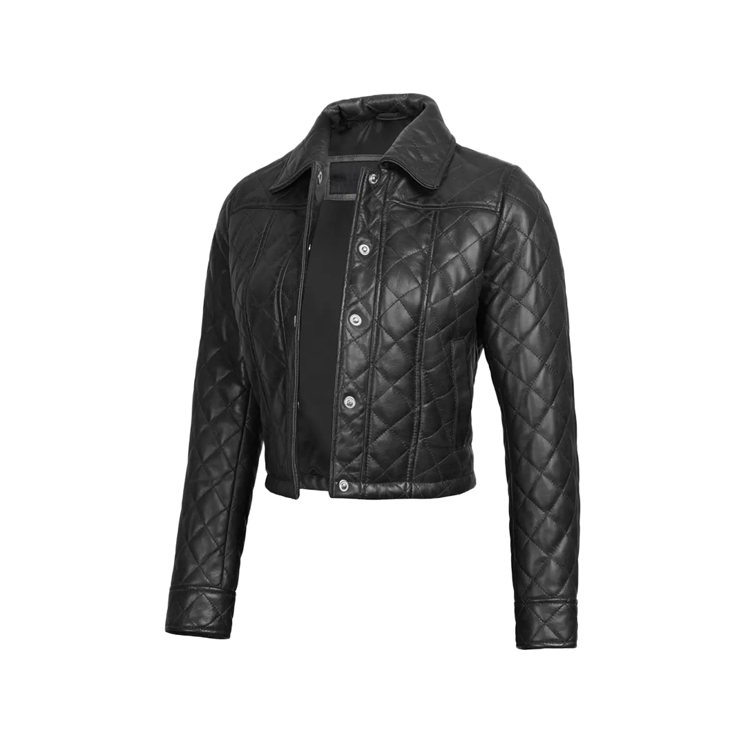 Women's Black Quilted Cropped Leather Jacket