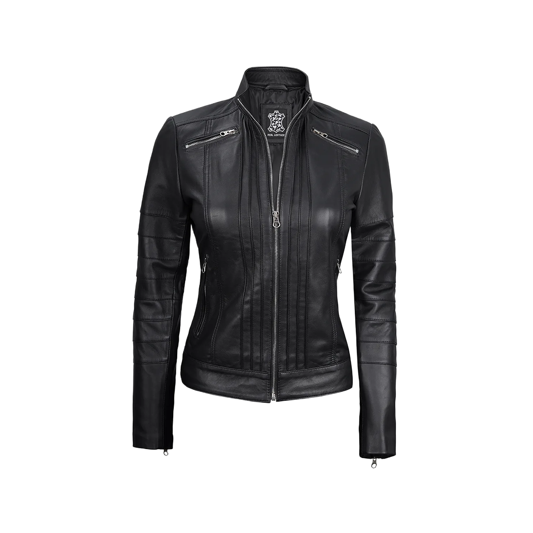 Women's Black Real Leather Cafe Racer Jacket