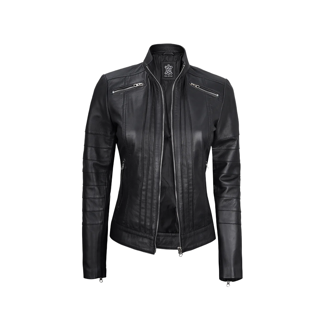 Women's Black Real Leather Cafe Racer Jacket