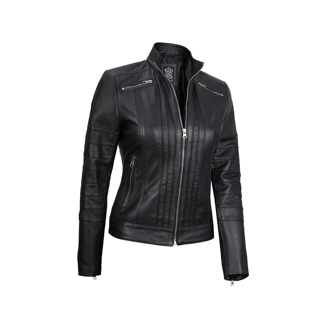 Women's Black Real Leather Cafe Racer Jacket