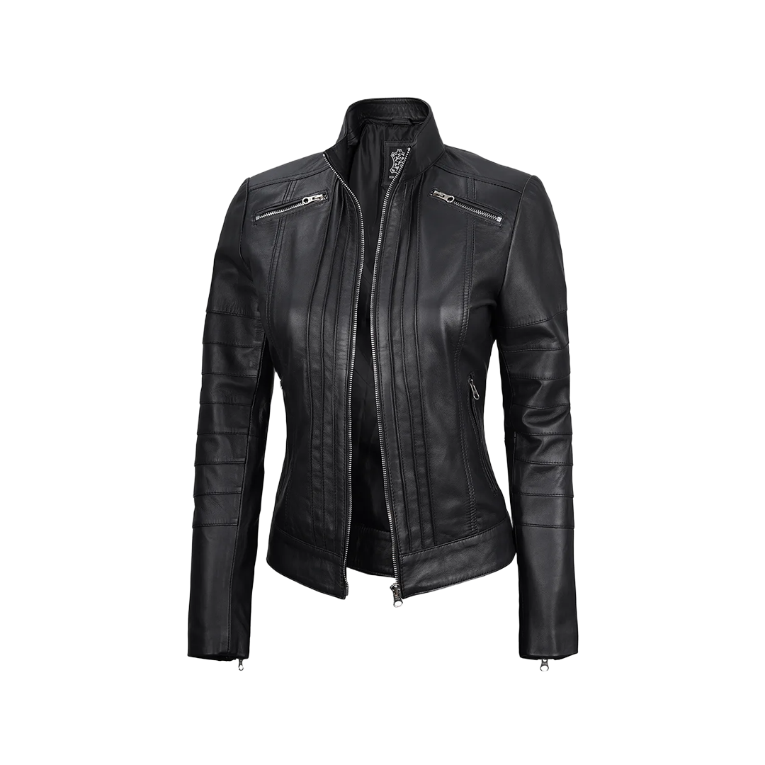 Women's Black Real Leather Cafe Racer Jacket
