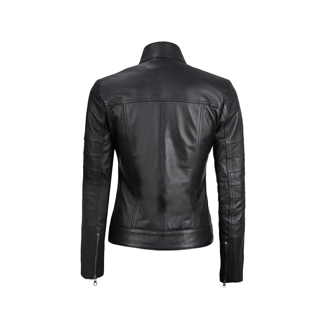 Women's Black Real Leather Cafe Racer Jacket