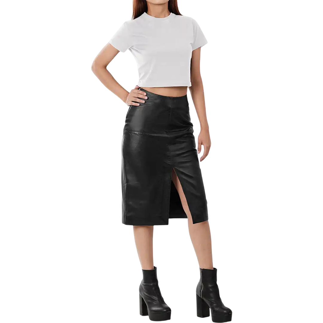 Women's Black Real Leather Midi Pencil Skirt