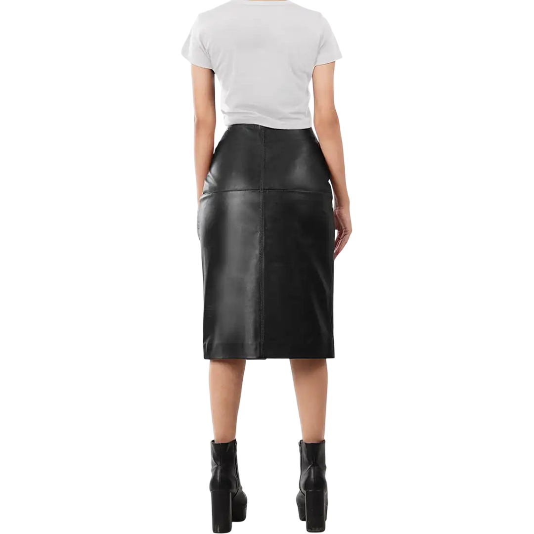 Women's Black Real Leather Midi Pencil Skirt
