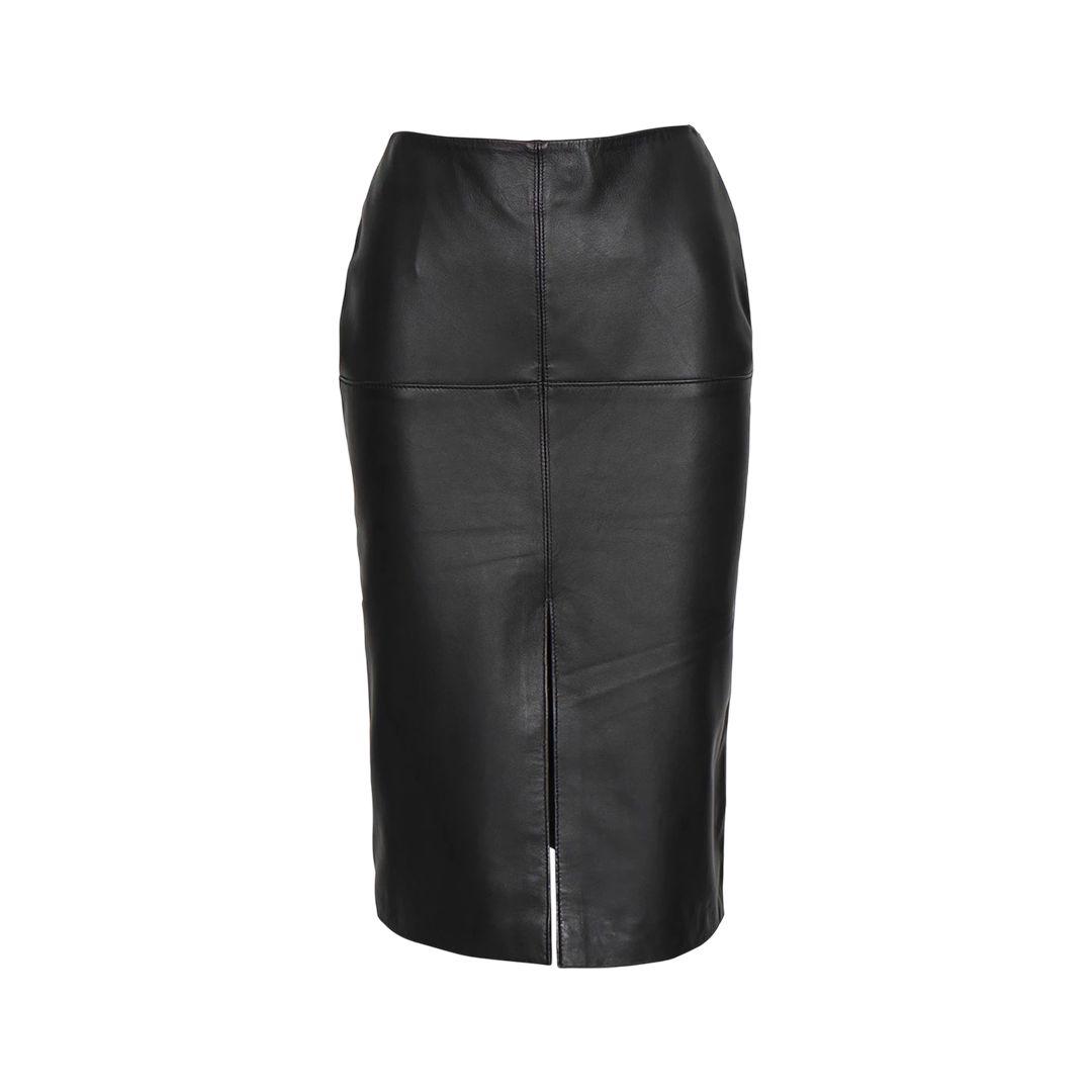 Women's Black Real Leather Midi Pencil Skirt
