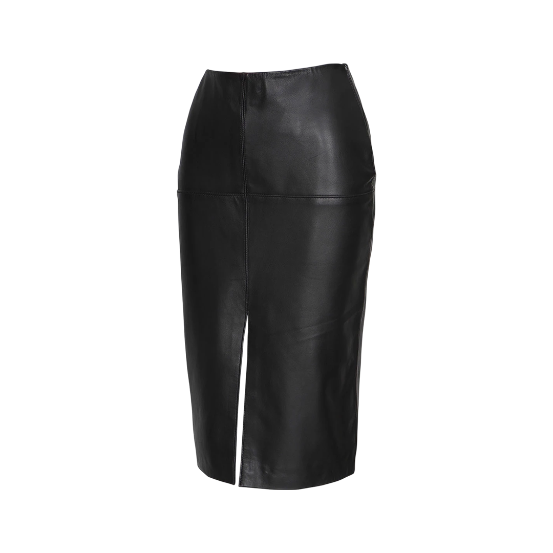 Women's Black Real Leather Midi Pencil Skirt