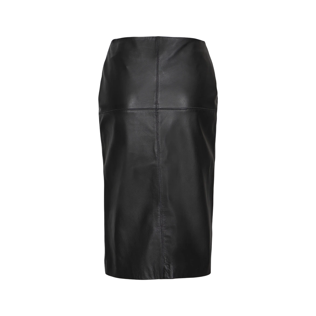 Women's Black Real Leather Midi Pencil Skirt