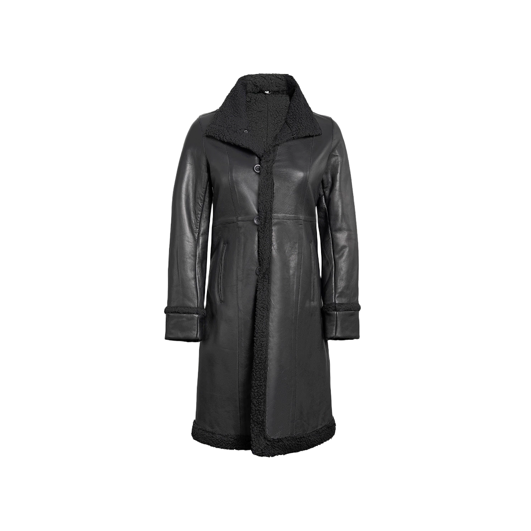 Women's Black Real Leather Shearling Coat — Winter Jacket