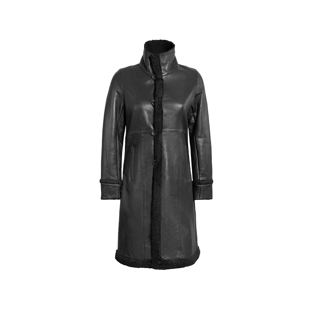 Women's Black Real Leather Shearling Coat — Winter Jacket