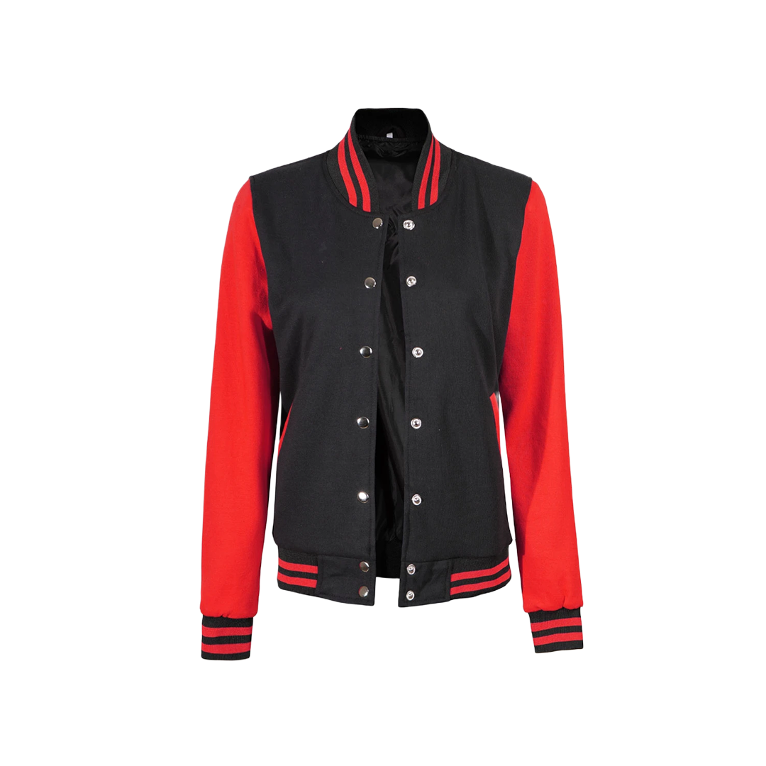 Women's Black and Red Varsity Jacket - Baseball Style