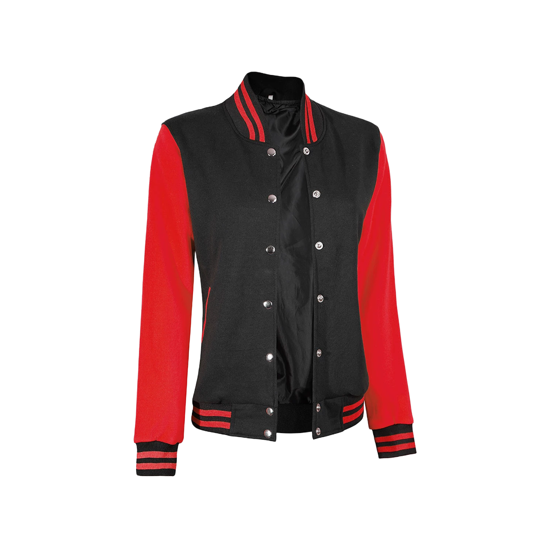 Women's Black and Red Varsity Jacket - Baseball Style
