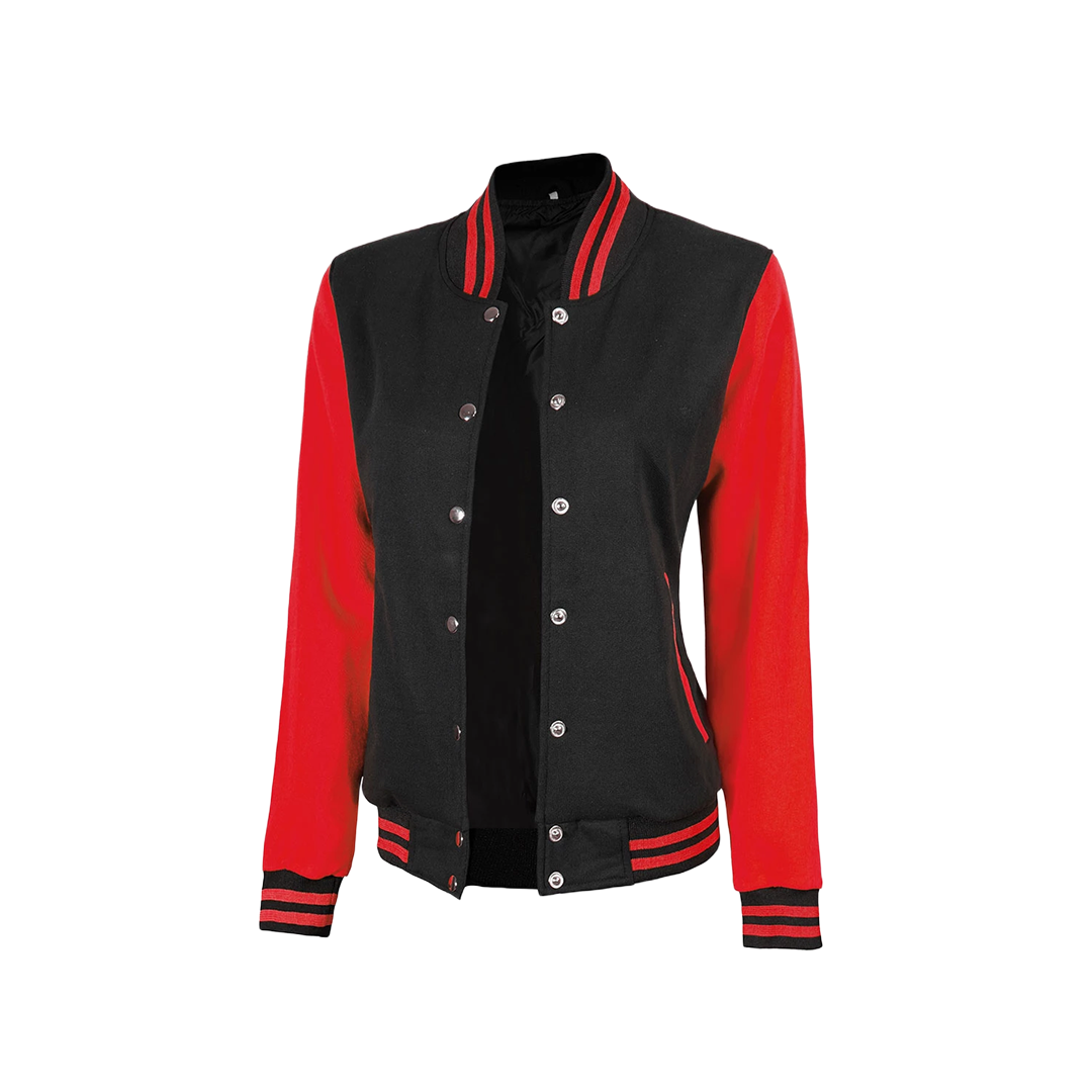 Women's Black and Red Varsity Jacket - Baseball Style