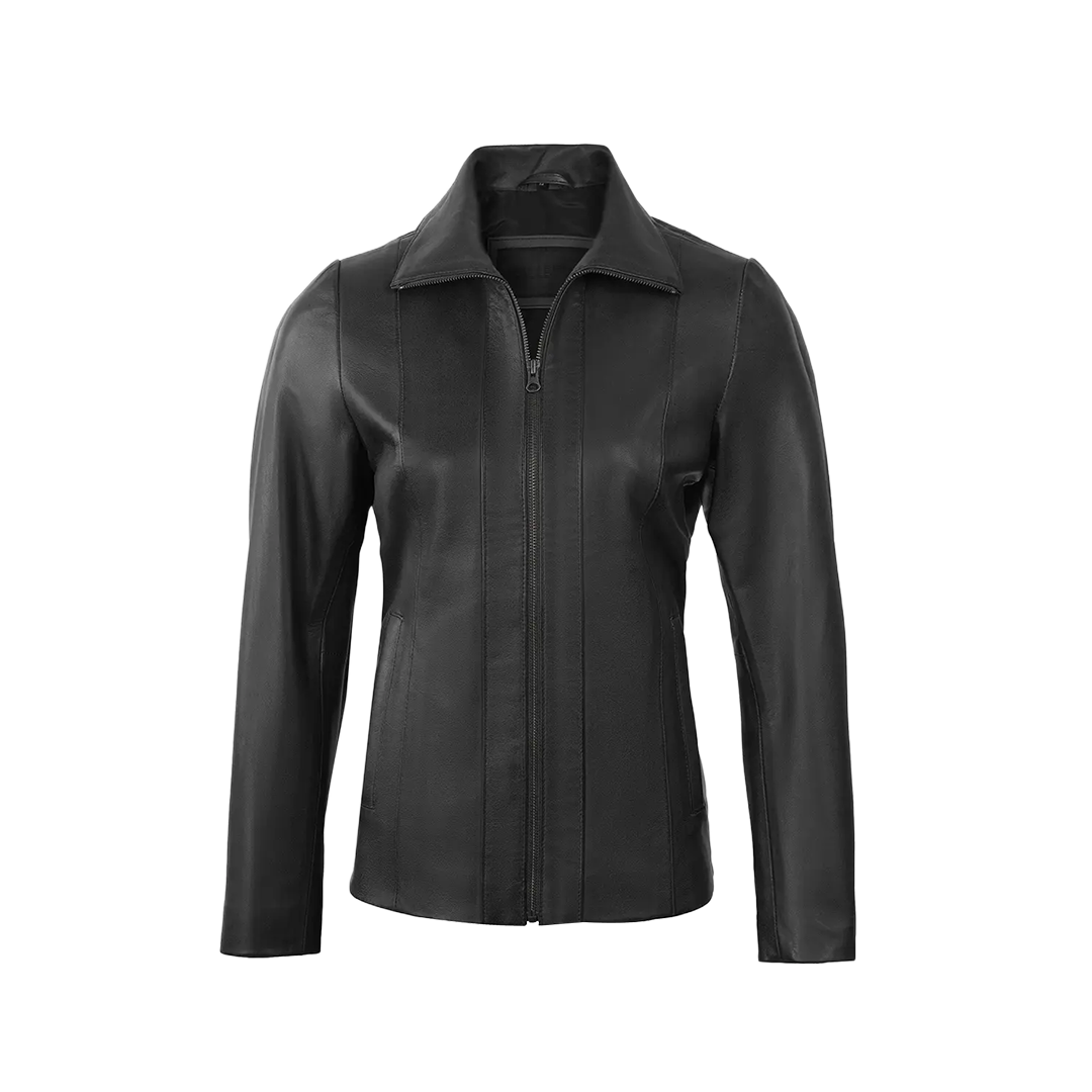 Women's Black Shirt Collar Harrington Lightweight Leather Jacket