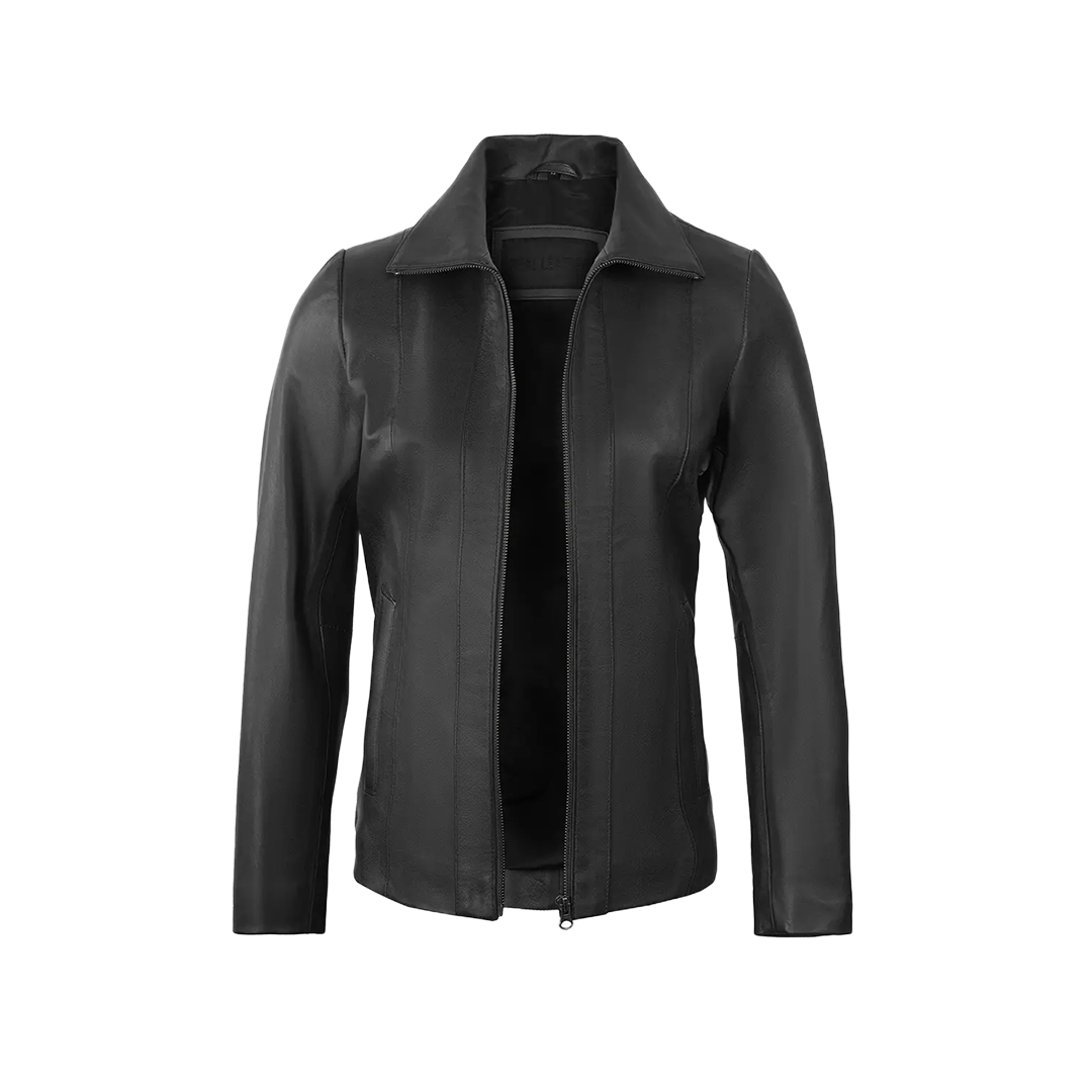 Women's Black Shirt Collar Harrington Lightweight Leather Jacket