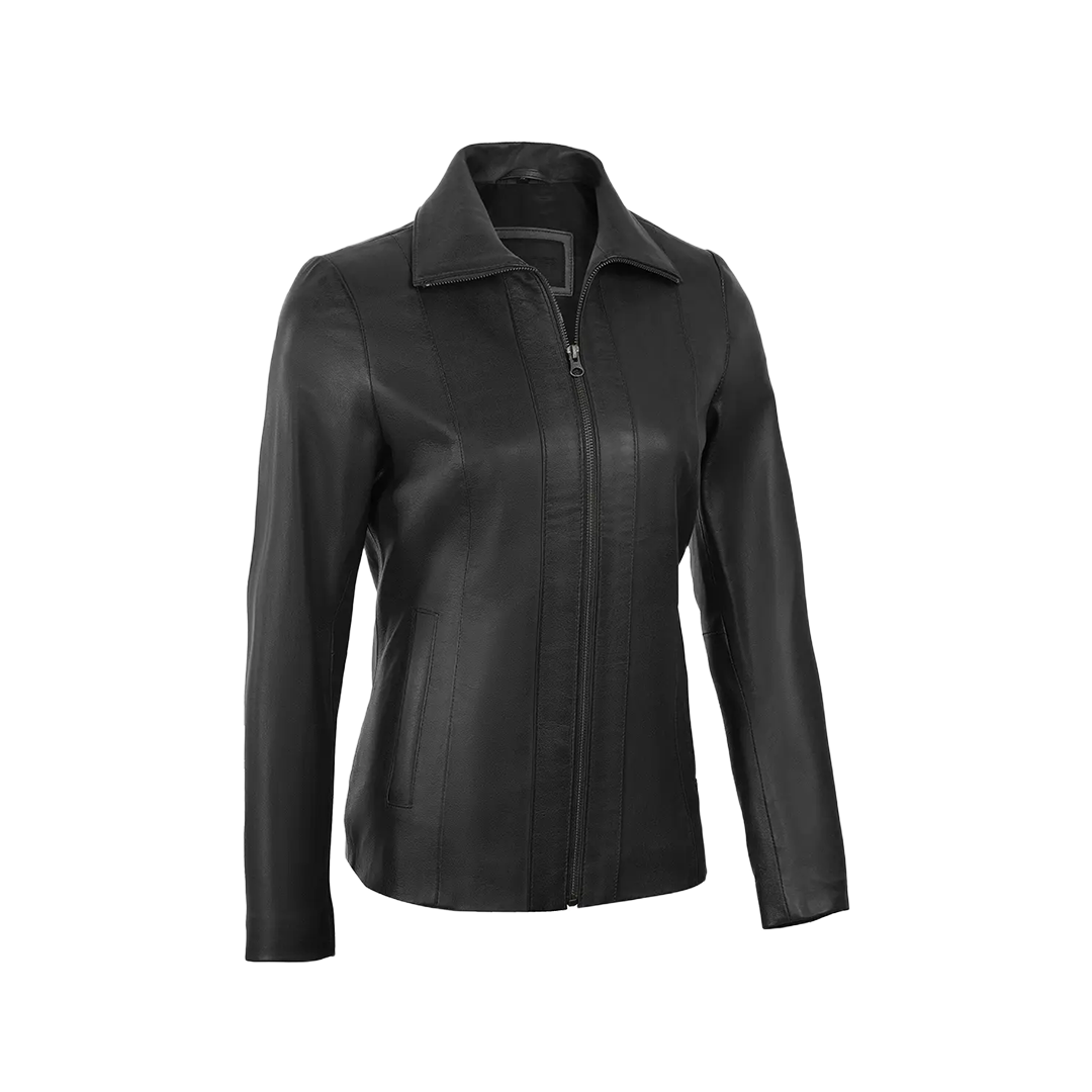 Women's Black Shirt Collar Harrington Lightweight Leather Jacket