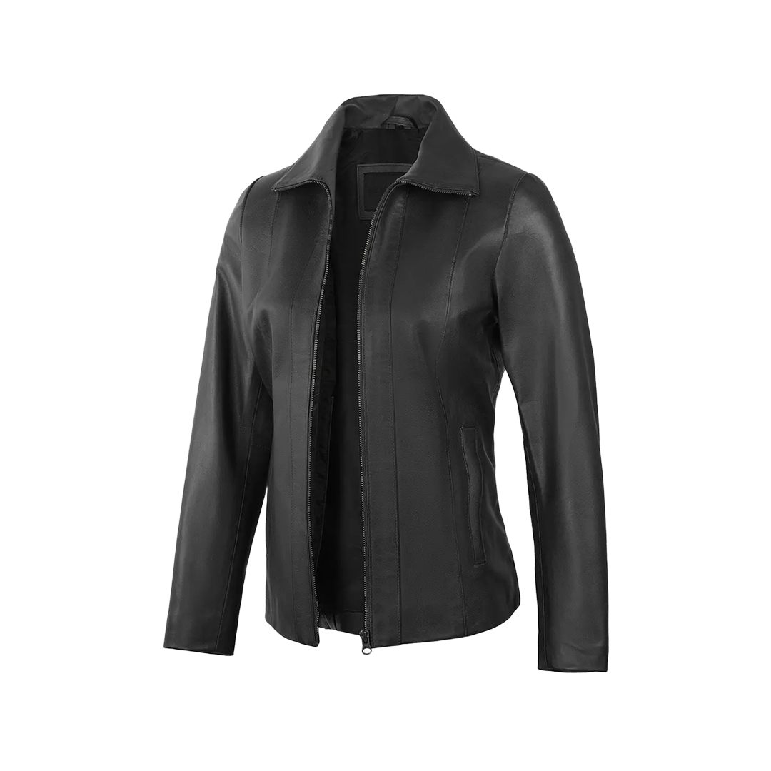 Women's Black Shirt Collar Harrington Lightweight Leather Jacket