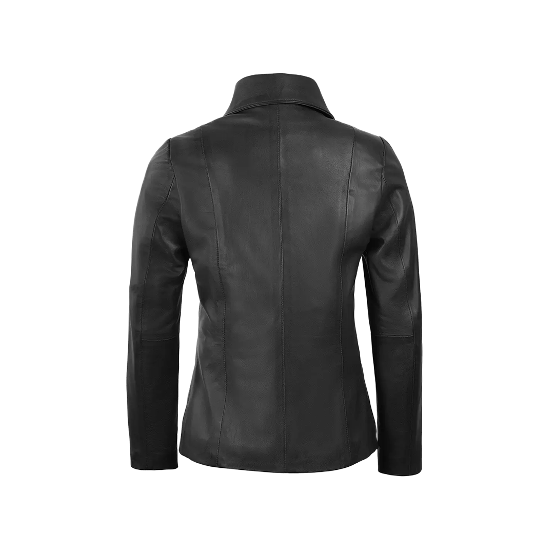 Women's Black Shirt Collar Harrington Lightweight Leather Jacket