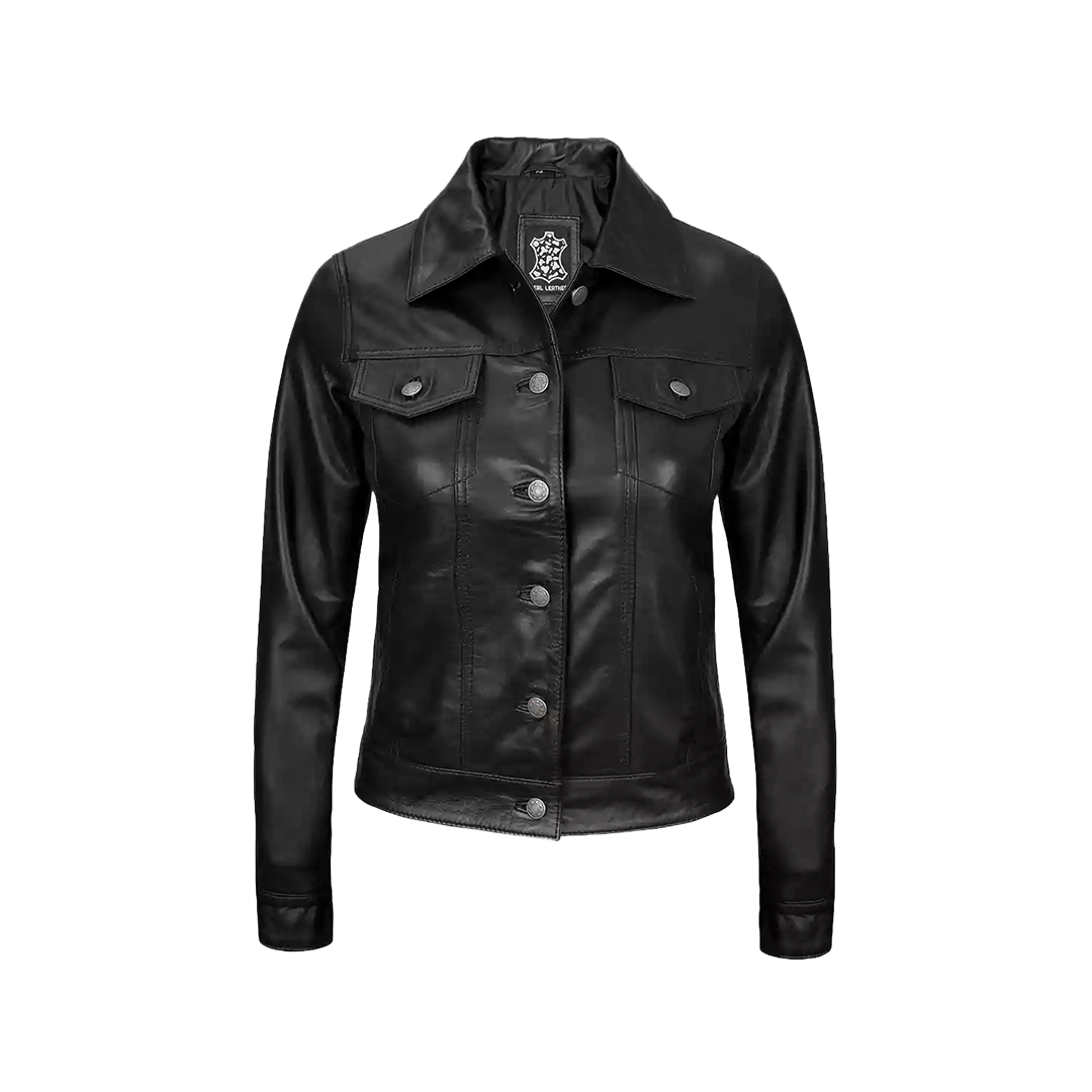 Women Black Trucker Leather Jacket
