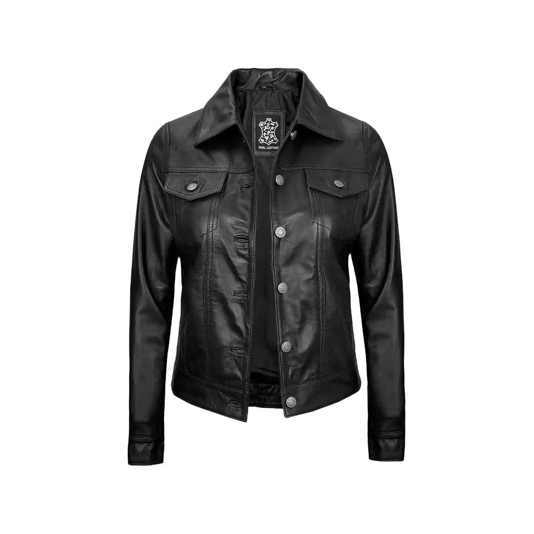 Women Black Trucker Leather Jacket