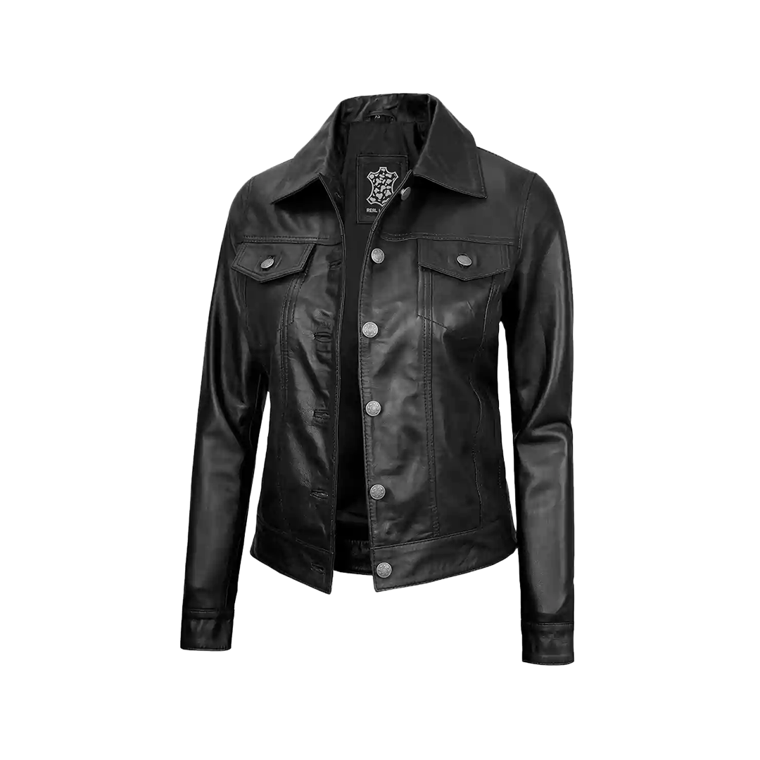 Women Black Trucker Leather Jacket