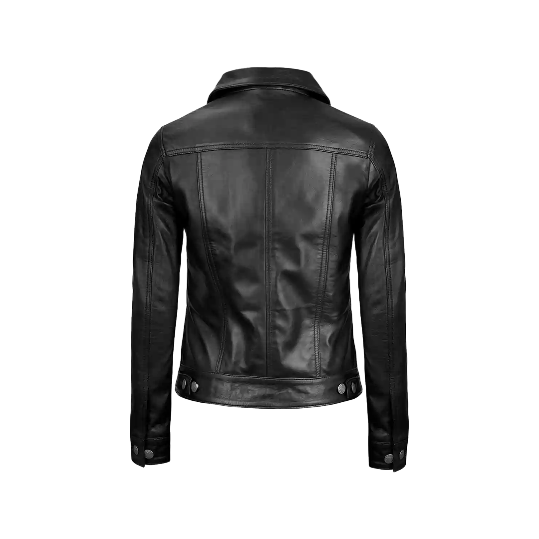 Women Black Trucker Leather Jacket