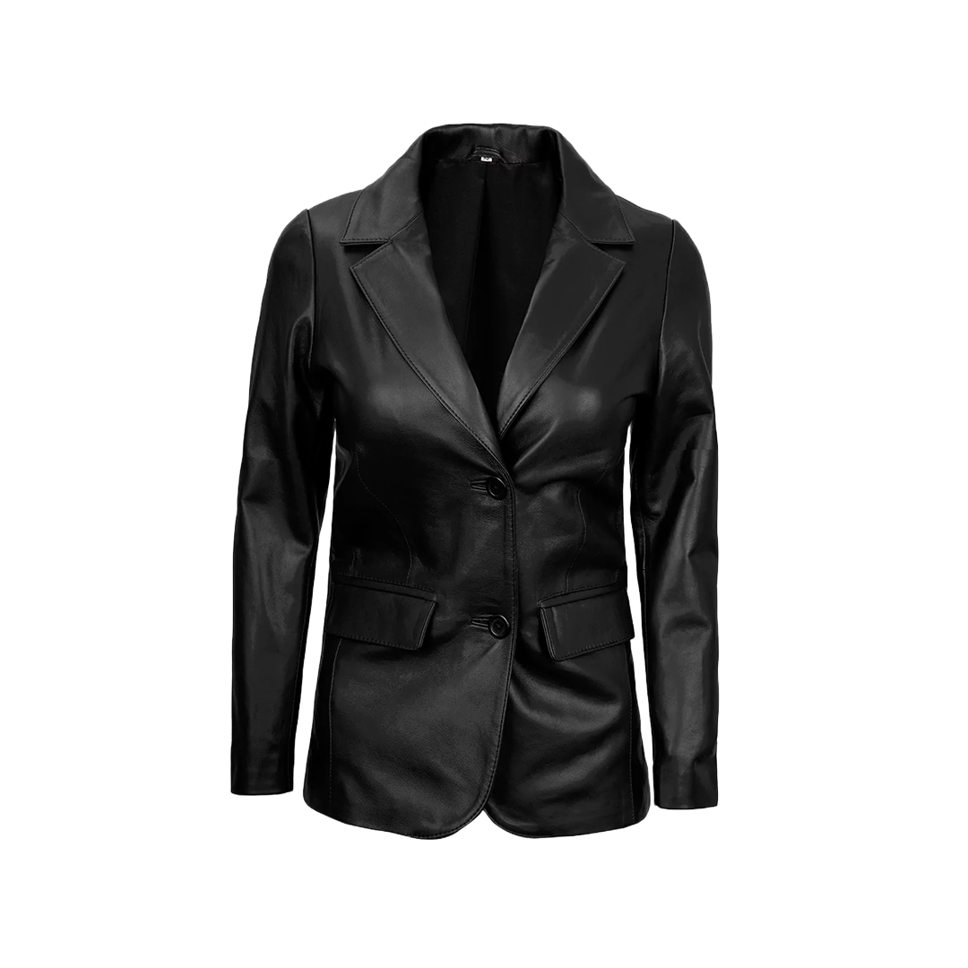 Women's Two-Button Real Lambskin Black Leather Blazer