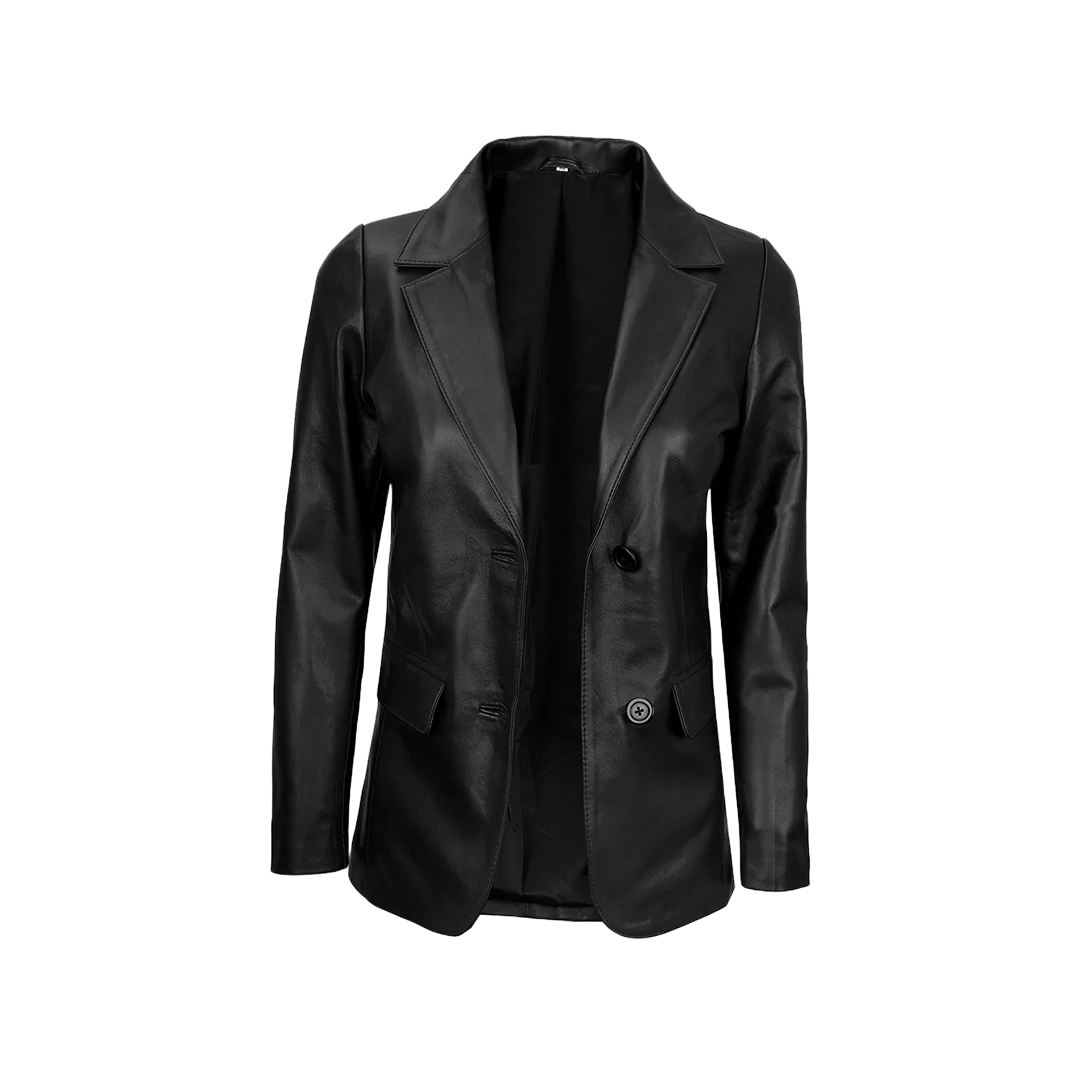 Women's Two-Button Real Lambskin Black Leather Blazer