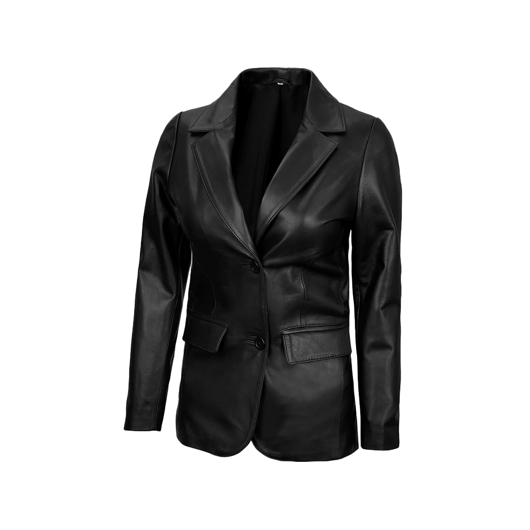 Women's Two-Button Real Lambskin Black Leather Blazer