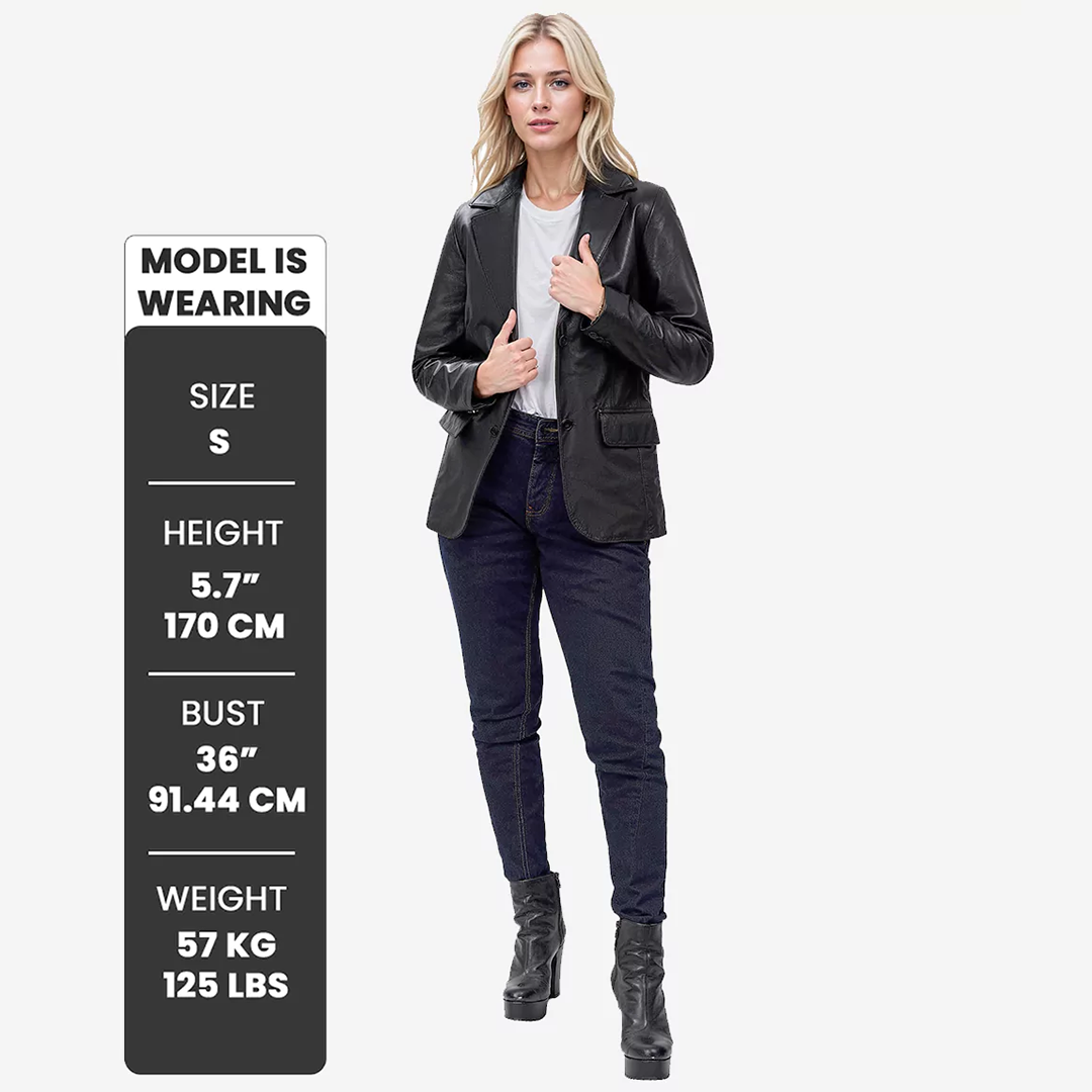 Women's Two-Button Real Lambskin Black Leather Blazer