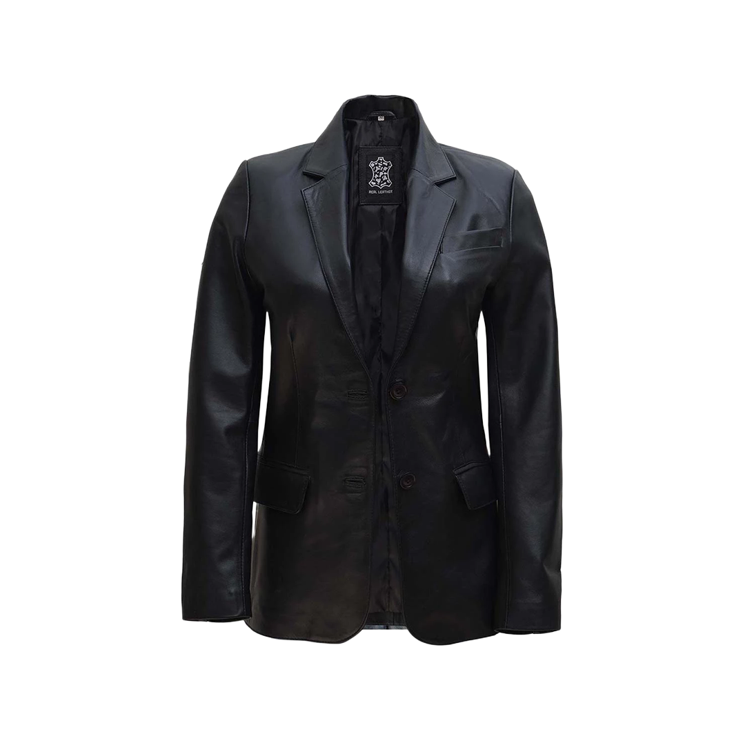 Women's Two Button Black Leather Blazer
