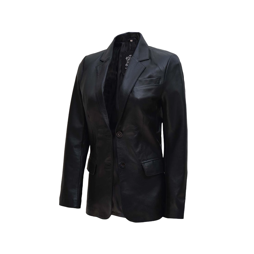 Women's Two Button Black Leather Blazer