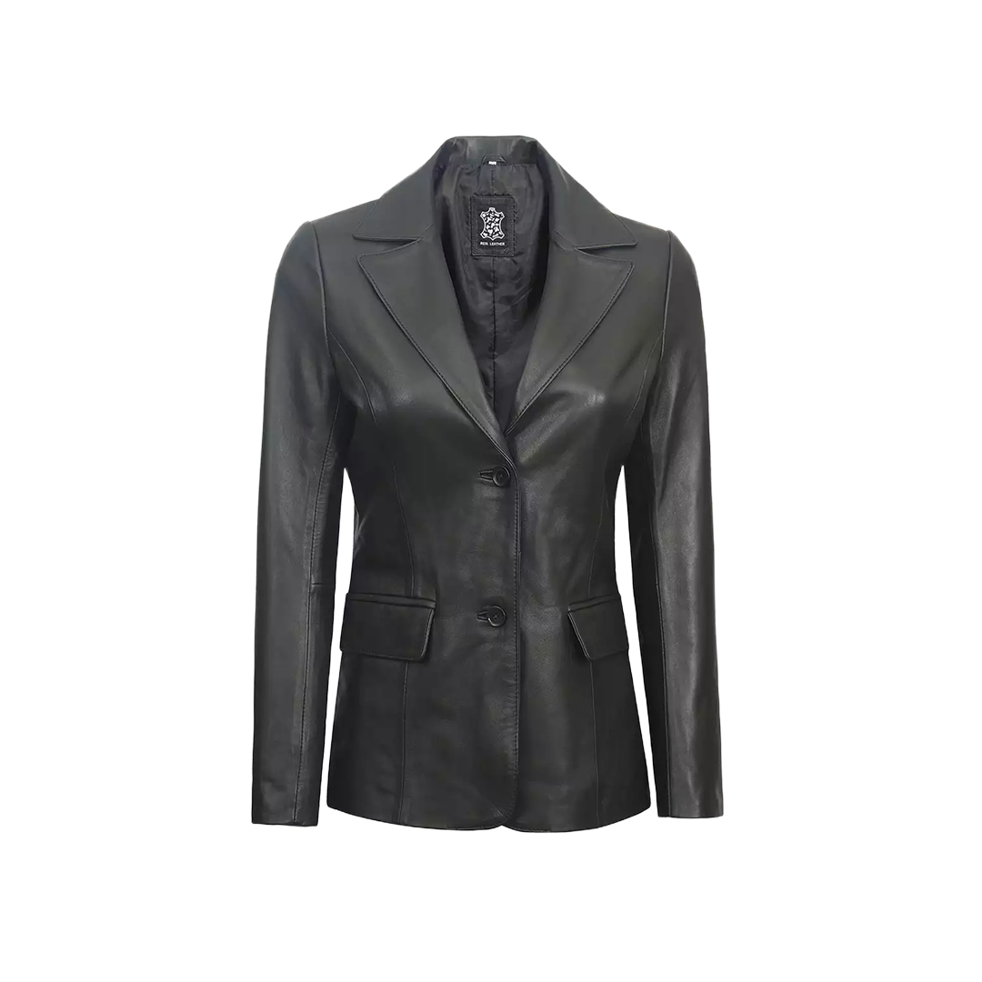 Women's Two Button Black Leather Blazer Jacket