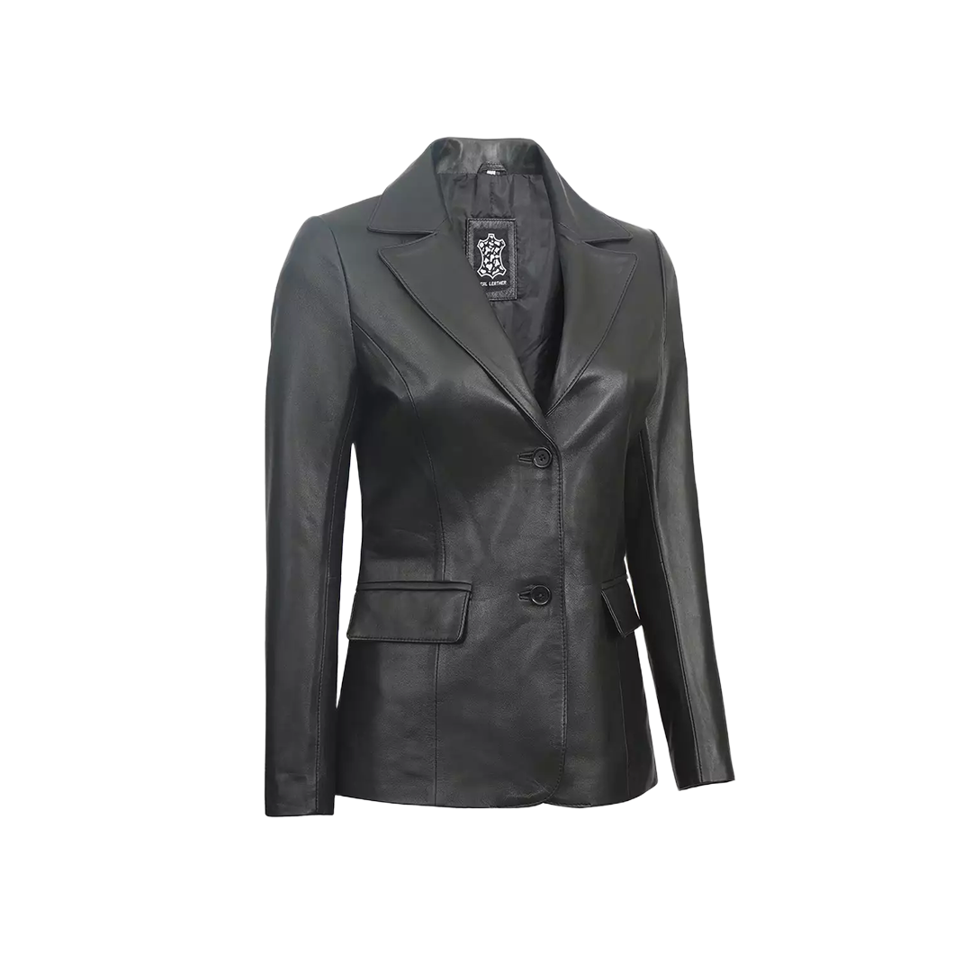 Women's Two Button Black Leather Blazer Jacket