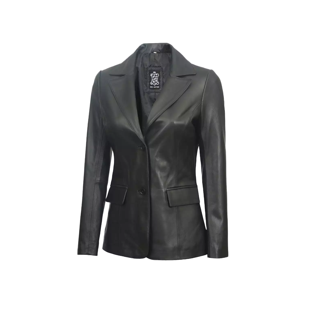 Women's Two Button Black Leather Blazer Jacket