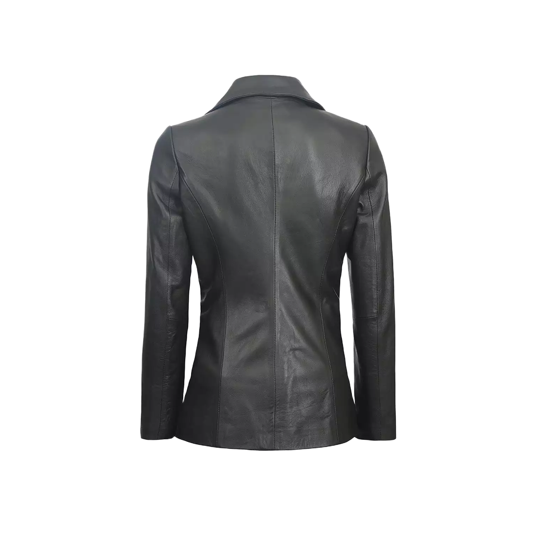 Women's Two Button Black Leather Blazer Jacket
