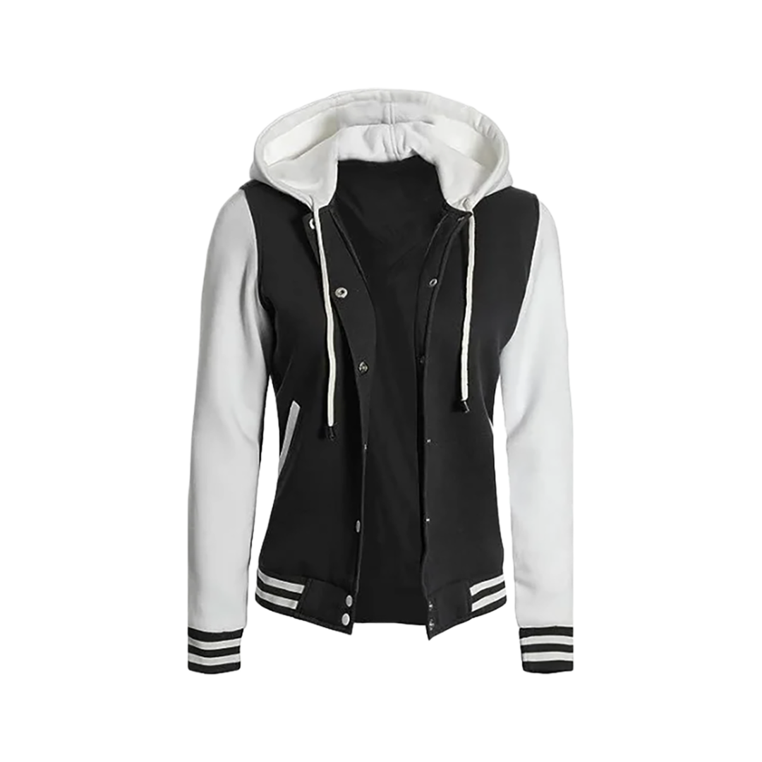 Women's Black and White Hooded Varsity Jacket - Baseball Style