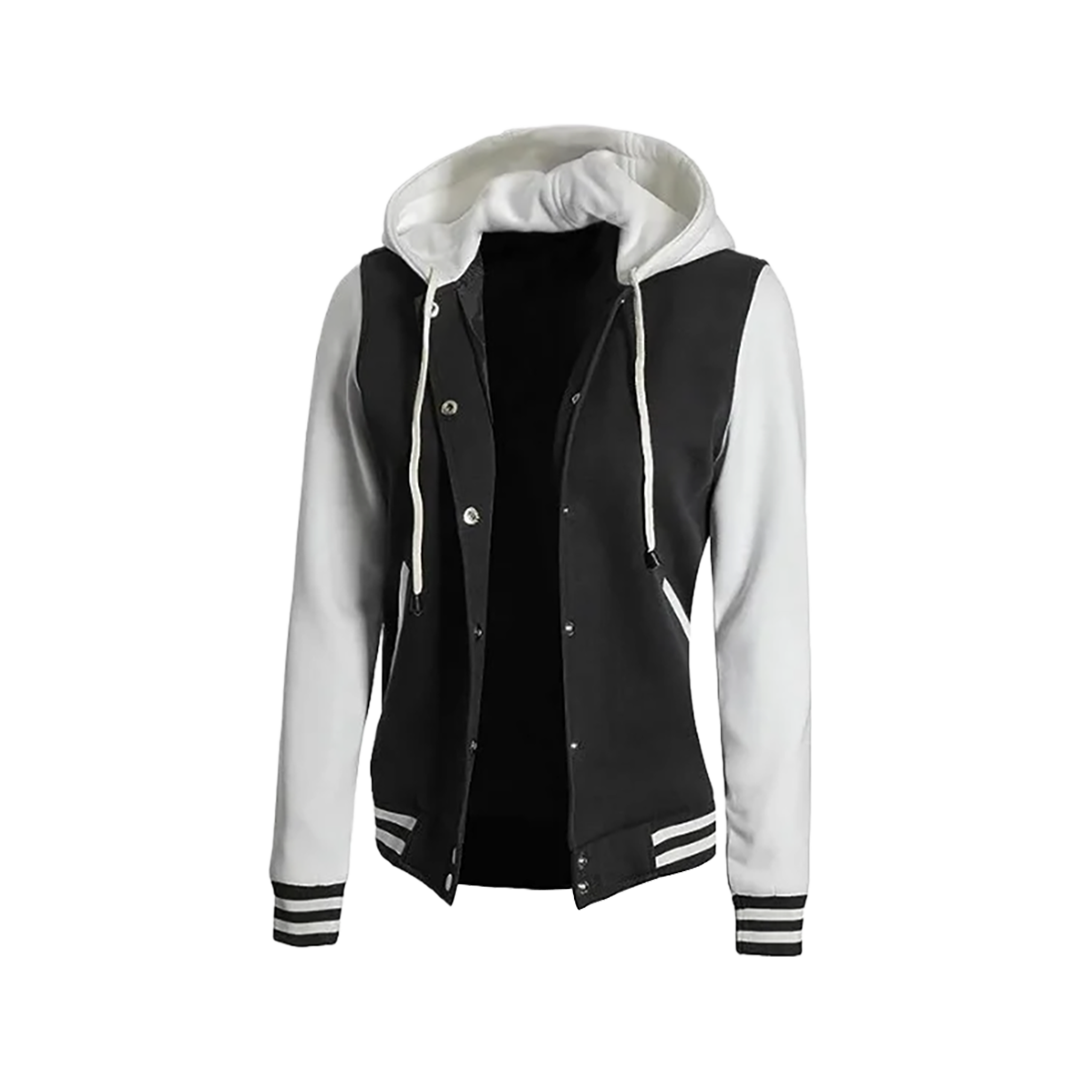 Women's Black and White Hooded Varsity Jacket - Baseball Style