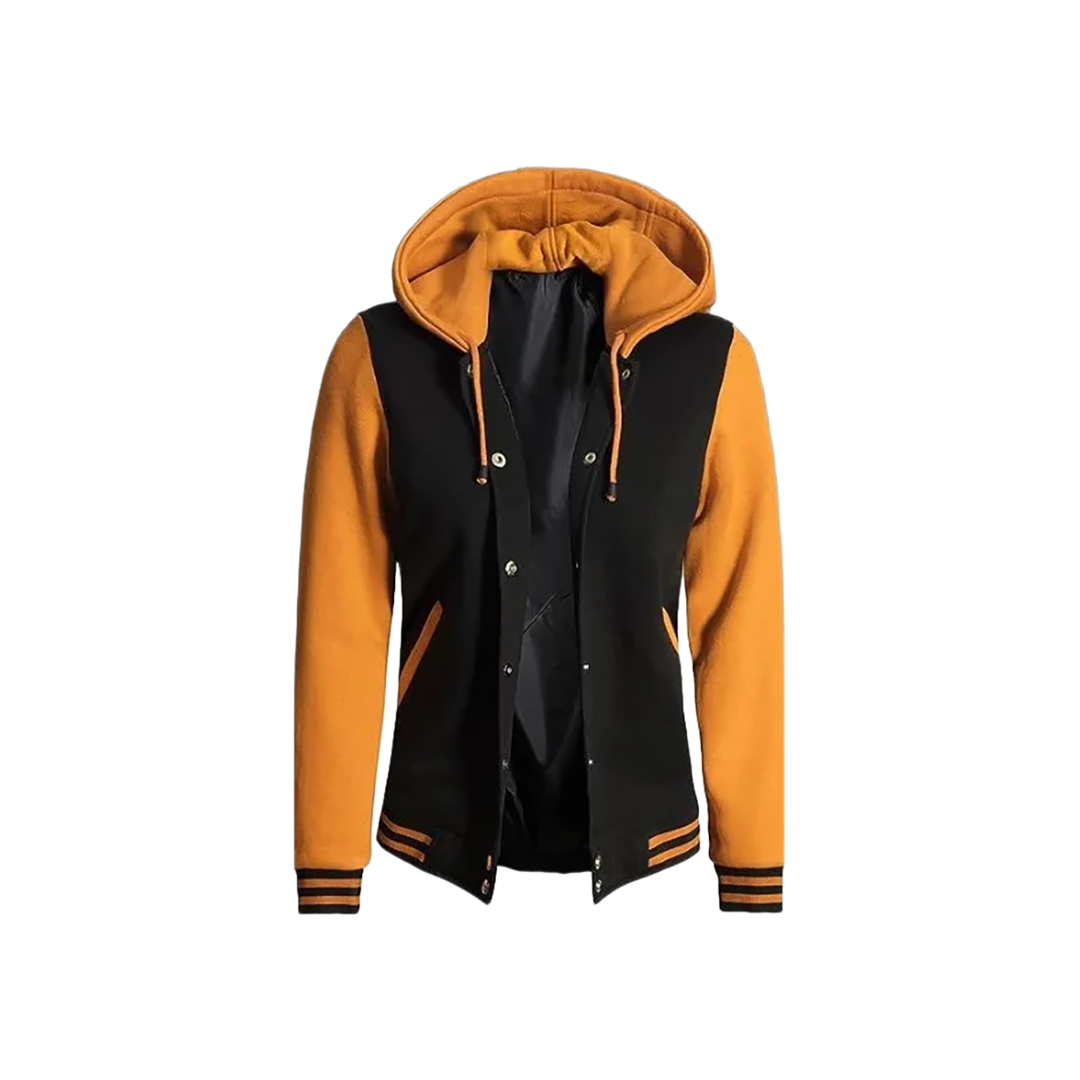 Women's Black & Yellow Hooded Varsity Bomber Jacket - Baseball Style