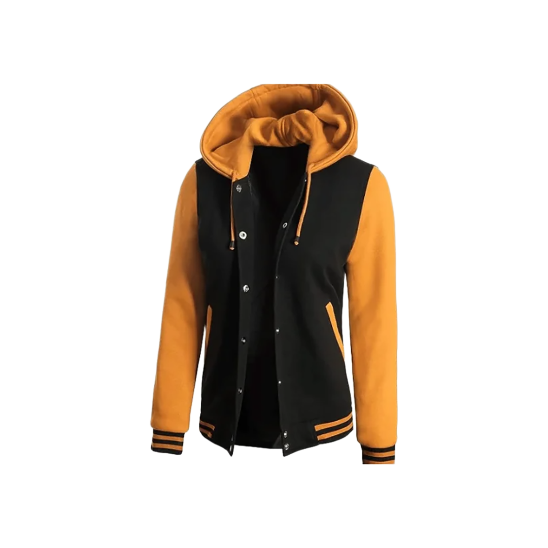Women's Black & Yellow Hooded Varsity Bomber Jacket - Baseball Style