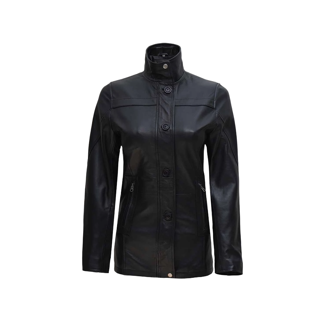 Women's Black Zipper + Button Closure 3/4 Length Leather Car Coat