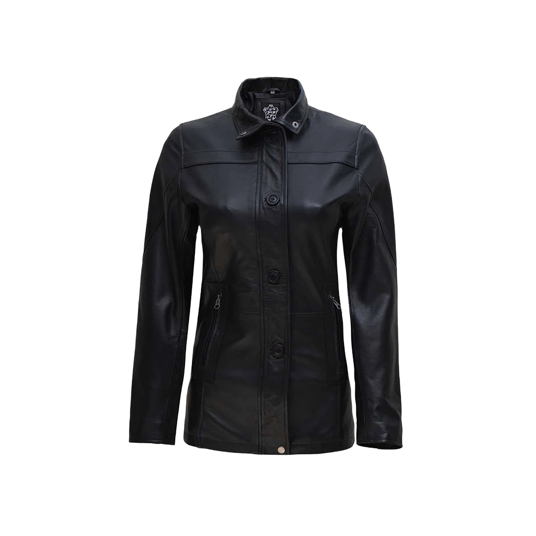 Women's Black Zipper + Button Closure 3/4 Length Leather Car Coat
