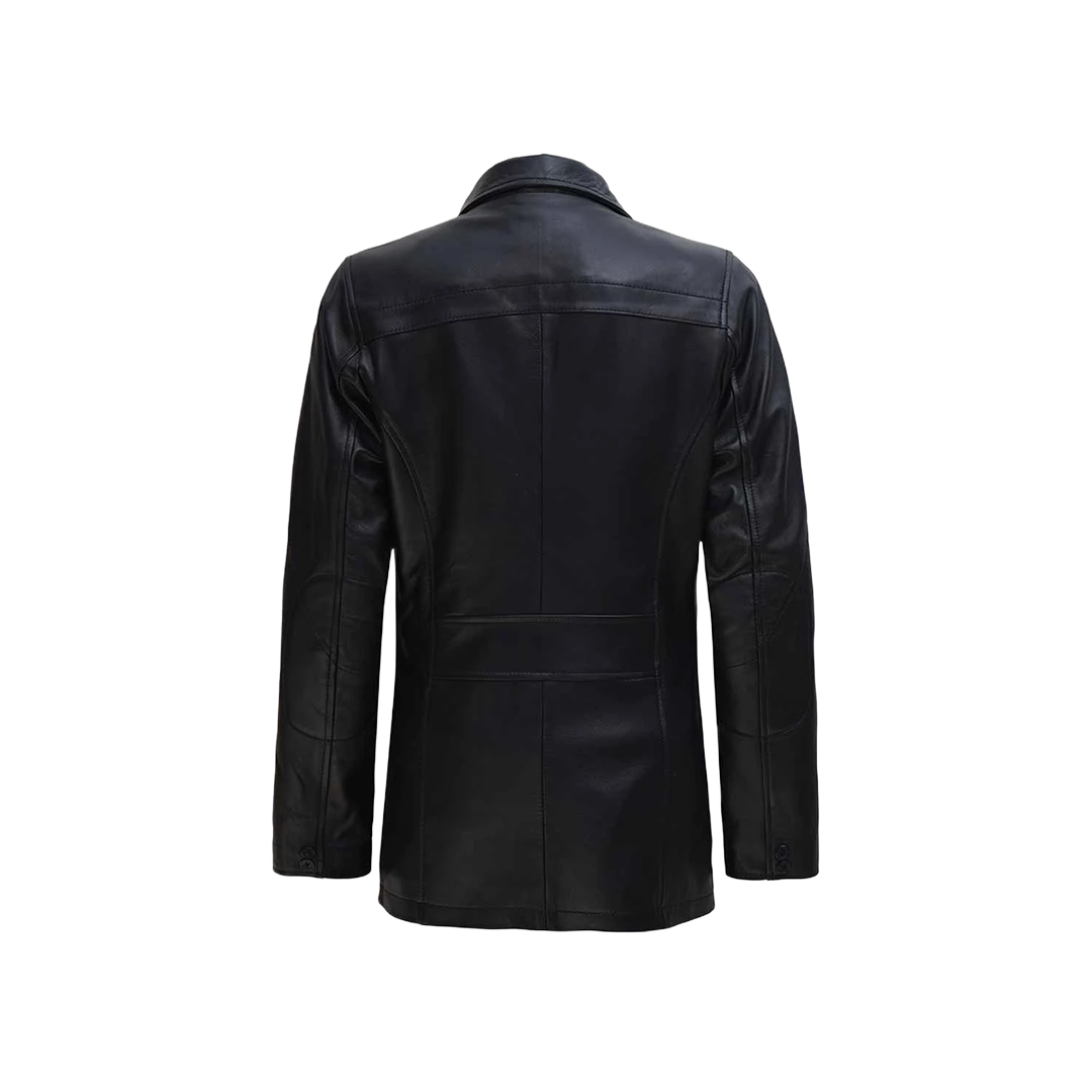 Women's Black Zipper + Button Closure 3/4 Length Leather Car Coat