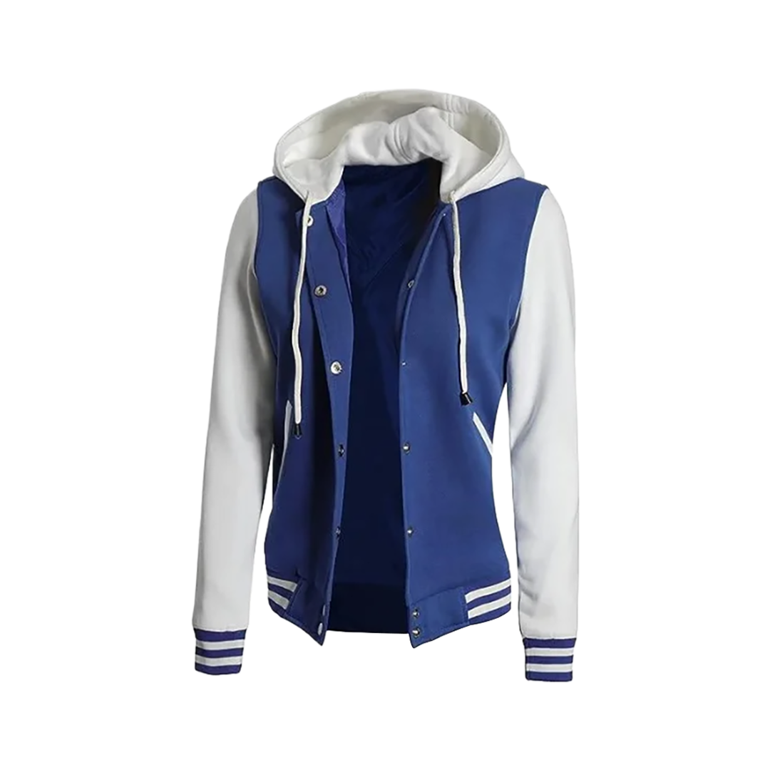 Women's Letterman Blue and White Varsity Jacket With Hood