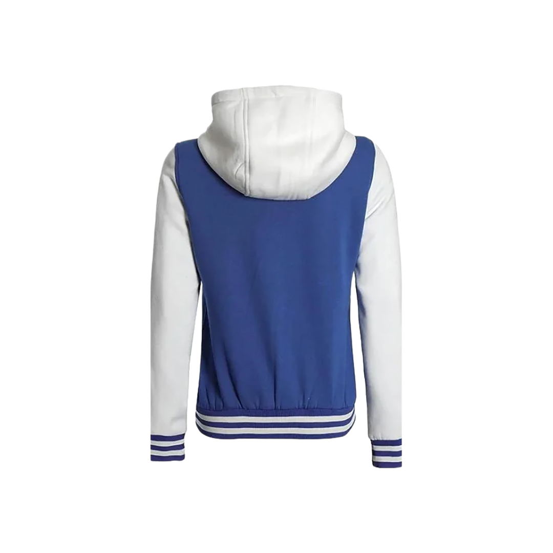 Women's Letterman Blue and White Varsity Jacket With Hood