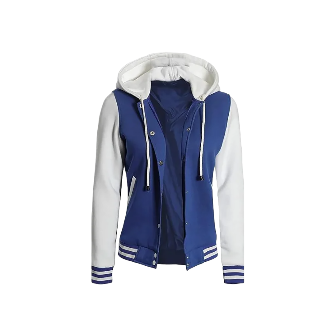 Women's Letterman Blue and White Varsity Jacket With Hood